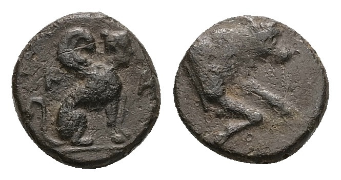 Caria, Kaunos. Ae, 1.09 g 9.81 mm. Circa 350-300 BC.
Obv: Forepart of bull right...