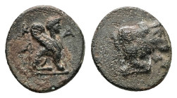 Caria, Kaunos. Ae, 1.25 g 12.38 mm. Circa 350-300 BC.
Obv: Forepart of bull right.
Rev: K - A. Sphinx seated right.
Ref: Konuk pl. 50, A; SNG Copenhag...