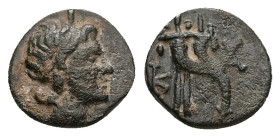 Caria, Kaunos. Ae, 1.10 g 10.65 mm. 3rd century BC.
Obv: Head of Alexander III right.
Rev.: K-AY; Cornucopia.
Ref.: SNG Keckman 76.
Fine
