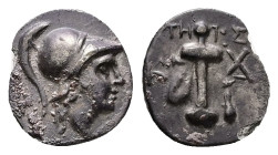 Caria, Kaunos. AR Hemidrachm, 0.82 g 12.01 mm. Circa 166-100 BC. Ktetos, magistrate. 
Obv: Head of Athena right, wearing crested Corinthian helmet 
Re...
