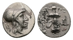 Caria, Kaunos. Circa 166-150 BC. AR Hemidrachm, 1.00 g 11.91 mm. Ktetos, magistrate.
Obv: Helmeted head of Athena right
Rev: Sword in sheath with stra...