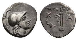 Caria, Kaunos. AR Hemidrachm, 1.04 g 11.96 mm. Circa 166-100 BC. Uncertain, magistrate. 
Obv: Head of Athena right, wearing crested Corinthian helmet ...