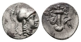 Caria, Kaunos. AR Hemidrachm, 1.09 g 12.92 mm. Circa 166-100 BC. Anta-, magistrate. 
Obv: Head of Athena right, wearing crested Corinthian helmet 
Rev...
