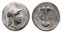 Caria, Kaunos. AR Hemidrachm, 1.10 g 11.49 mm. Circa 166-100 BC. 
Obv: Head of Athena right, wearing crested Corinthian helmet 
Rev: Sword in sheath. ...