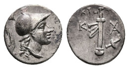 Caria, Kaunos. AR Hemidrachm, 1.14 g 11.65 mm. Circa 166-150 BC. Ktetos, magistrate. 
Obv: Helmeted head of Athena right. 
Rev: KTHTOΣ. Sword-in-scabb...