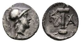 Caria, Kaunos. AR Hemidrachm, 1.18 g 11.43 mm. Circa 166-100 BC. 
Obv: Head of Athena right, wearing crested Corinthian helmet 
Rev: Sword in sheath. ...