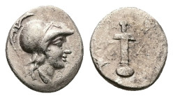 Caria, Kaunos. AR Hemidrachm, 1.26 g 11.71 mm. Circa 166-100 BC. 
Obv: Head of Athena right, wearing crested Corinthian helmet 
Rev: Sword in sheath. ...
