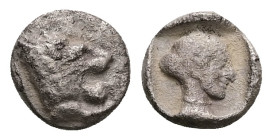 Caria, Knidos. AR Obol, 0.81 g 8.97 mm. Second half of the fifth century BC.
Obv: Forepart of lion right.
Rev. Head of Aphrodite right with in incuse ...