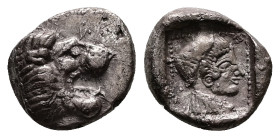 Caria, Knidos. AR Diobol, 1.70 g 12.99 mm. Circa 530-520 BC.
Obv: Head of roaring lion right.
Rev: Archaic head of Aphrodite right within incuse squar...
