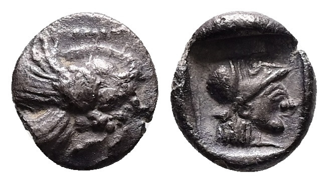 Caria, Rhodes. Ialysos. AR Obol, 0.86 g 10.11 mm. Circa 480-408 BC.
Obv: Forepar...