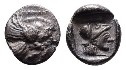 Caria, Rhodes. Ialysos. AR Obol, 0.86 g 10.11 mm. Circa 480-408 BC.
Obv: Forepart of winged boar right.
Rev: Helmeted head of Athena right within incu...