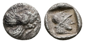 Caria, Rhodes. Ialysos. AR Obol, 0.95 g 9.86 mm. Circa 480-408 BC.
Obv: Forepart of winged boar right.
Rev: Helmeted head of Athena right within incus...