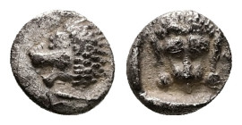 Caria, Mylasa. AR Hemiobol, 0.44 g 8.08 mm. Circa 420-390 BC.
Obv: Forepart of lion right, head left.
Rev: Facing head of lion, with legs at sides
Ref...