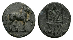Caria, Mylasa. Ae, 1.19 g 12.67 mm. 3rd-2nd centuries BC.
Obv: Horse walking right.
Rev: M - Y. Decorated trident.
Ref: SNG von Aulock 2619; SNG Keckm...