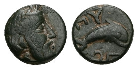 Caria, Nysiros. Ae, 1.06 g 9.91 mm. Mid 4th-late 3rd century BC.
Obv: Laureate head of Zeus right.
Rev: NY. Dolphin swimming right; below, trident bel...