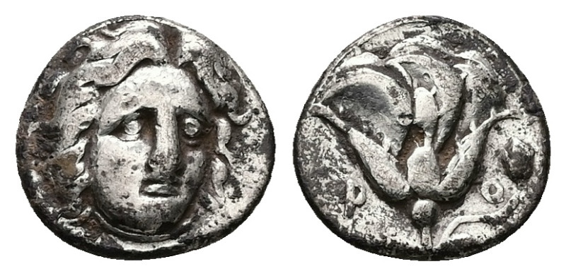 Caria, Rhodos. AR Hemidrachm, 1.59 g 12.18 mm. Circa 408/7-390 BC.
Obv: Head of ...