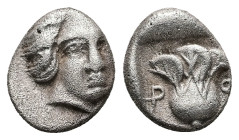 Caria, Rhodos. AR Hemidrachm, 1.78 g 12.59 mm. Circa 408/7-390 BC.
Obv: Head of Helios facing, turned slightly to the right.
Rev: P-O, Rose within an ...