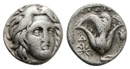 Caria, Rhodos. AR Drachm, 3.26 g 14.14 mm. Circa 305-275 BC. 
Obv: Head of Helios facing slightly right 
Rev: Rose with bud to right; POΔION above, st...