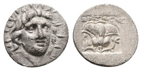 Caria, Rhodos. AR Hemidrachm, 1.24 g 13.09 mm. Circa 275-250 BC. Erasikles, magistrate.
Obv: Radiate head of Helios facing slightly right.
Rev: EPAΣIK...