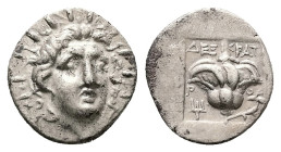 Caria, Rhodos. AR Hemidrachm, 1.26 g 13.33 mm. Circa 275-250 BC. Dexikrates, magistrate.
Obv: Radiate head of Helios facing slightly right.
Rev: ΔEΞIK...
