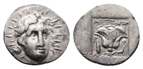 Caria, Rhodos. AR Hemidrachm, 1.10 g 14.26 mm. Circa 170-150 BC. Artemon, magistrate.
Obv: Radiate head of Helios facing slightly right.
Rev: APTEMΩN ...