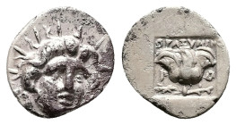 Caria, Rhodos. AR Hemidrachm, 1.29 g 13.45 mm. Circa 170-150 BC. Thrasymenes, magistrate.
Obv: Radiate head of Helios facing slightly right.
Rev: ΘΡAΣ...