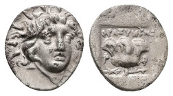 Caria, Rhodos. AR Hemidrachm, 1.33 g 13.20 mm. Circa 170-150 BC. Thrasymenes, magistrate.
Obv: Radiate head of Helios facing slightly right.
Rev: ΘΡAΣ...