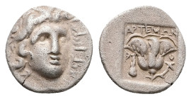 Caria, Rhodos. AR Hemidrachm, 1.34 g 12.38 mm. Circa 170-150 BC. Artemon, magistrate.
Obv: Radiate head of Helios facing slightly right.
Rev: APTEMΩN ...