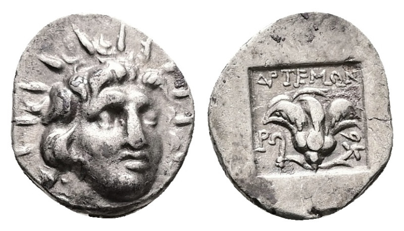 Caria, Rhodos. AR Hemidrachm, 1.40 g 13.83 mm. Circa 170-150 BC. Artemon, magist...