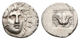 Caria, Rhodos. AR Hemidrachm, 1.44 g 12.97 mm. Circa 125-88 BC. Melantas, magistrate.
Obv: Radiate head of Helios facing slightly right.
Rev: MEΛANTAΣ...