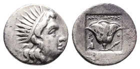 Caria, Rhodos. AR Drachm, 2.80 g 15.05 mm. Circa 188-170 BC. Stasion, magistrate.
Obv: Radiate head of Helios right.
Rev: ΣTAΣIΩN / P - O. Rose with b...
