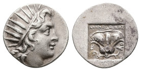 Caria, Rhodos. AR Drachm, 2.97 g 16.80 mm. Circa 190-170 BC. Anaxidotos, magistrate.
Obv: Radiate head of Helios right.
Rev: ΑΝΑΞΙΔΟΤΟΣ / P - O. Rose ...