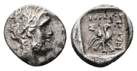 Caria, Stratonicaea. AR Hemidrachm, 1.20 g 12.66 mm. Circa 125-85 BC. Uncertain magistrate.
Obv: Laureate head of Zeus right.
Rev: Σ Τ. Eagle standing...