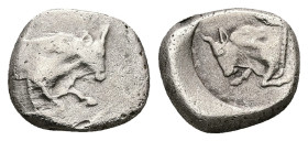 Caria, Uncertain. AR Diobol, 2.04 g 13.32 mm. Circa 450-400 BC.
Obv: Forepart of bull right.
Rev: Forepart of bull left within incuse square.
Ref: SNG...