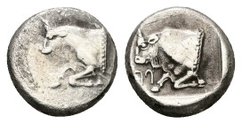 Caria, Uncertain. AR Diobol, 2.05 g 11.73 mm. Circa 500-450 BC.
Obv: Forepart of bull left.
Rev: Forepart of bull left within incuse square; (in Caria...
