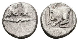 Caria, Uncertain. AR Diobol, 2.16 g 12.69 mm. 5th century BC.
Obv: Confronted foreparts of two bulls.
Rev: Forepart of bull left within incuse square;...