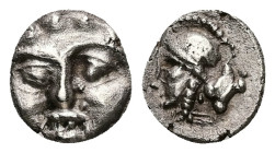 Pisidia, Selge. AR Obol, 0.94 g 10.00 mm. Circa 350-300 BC. 
Obv: Facing gorgoneion. 
Rev: Helmeted head of Athena left; astragalos to right; all with...