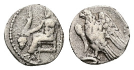 Cilicia, Uncertain.AR Obol, 0.76 g 11.14 mm. 4th century BC.
Obv: Baaltars seated left, holding grain ear, grapes and sceptre.
Rev: Eagle standing lef...