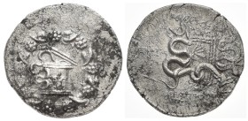Phrygia, Apameia. Appius Claudius Pulcher Ap.f. Imperator, 53-51 BC. AR Cistophoric Tetradrachm, 12.55 g 28.46 mm
Obv: Cista mystica with serpent; al...