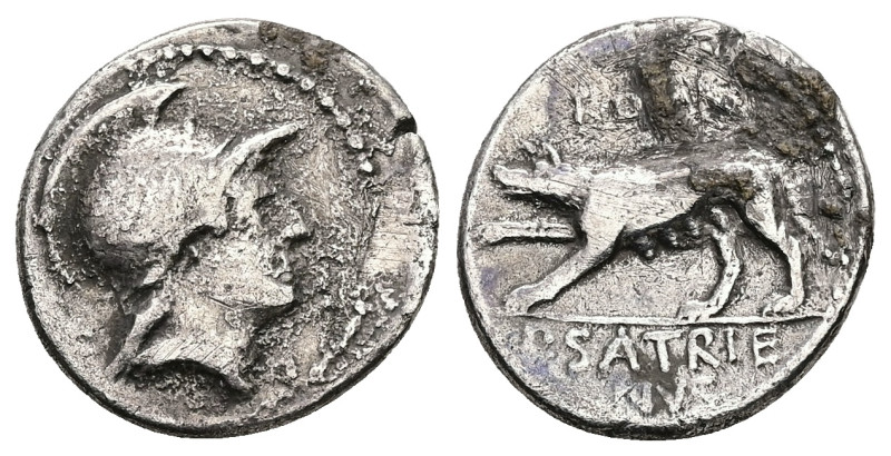 P. Satrienus, 77 BC. AR, Denarius. 3.76 g. 19.81 mm. Rome.
Obv: [XXXVI]. Helmete...