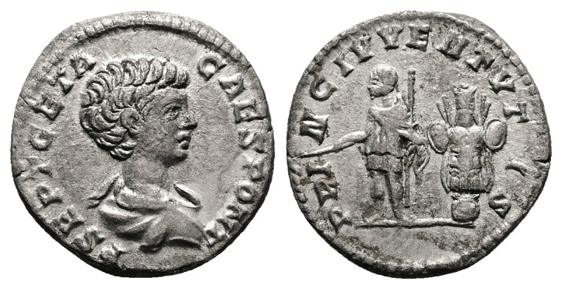 Geta as Caesar, AD 198-209. AR, Denarius. 3.07 g. 18.27 mm. Rome.
Obv: P SEPT GE...