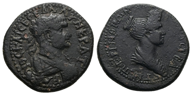 Thrace, Perinthus. Trajan with Plotina, AD 98-117. AE. 9.95 g. 26.69 mm.
Obv: ΑΥ...