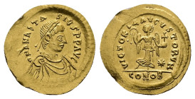 Anastasius, AD 491-518. AV, Tremissis. 1.50 g. 16.41 mm. Constantinople.
Rev: DNANASTA-SIVSPPAVC. Bust of Anastasius I facing right with diadem, cuira...