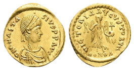 Anastasius, AD 491-518. AV, Tremissis. 1.47 g. 15.65 mm. Constantinople.
Rev: DNANASTA-SIVSPPAVC. Bust of Anastasius I facing right with diadem, cuira...