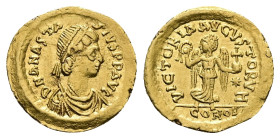 Anastasius I, AD 491-518. AV, Tremissis. 1.43 g. 15.03 mm. Constantinople.
Obv: DNANASTA-SIVSPPAVC. Bust of Anastasius I facing right with diadem, cui...