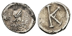 Anonymous. Time of Justinian I, AD 527-565. AR, Third Siliqua. 1.21 g. 14.98 mm. Constantinople.
Obv: Bust of Constantinopolis facing right helmeted a...