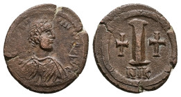 Justinian I (?), AD 527-565. AE, Decanummium. 3.97 g. 19.26 mm. Nicomedia.
Obv: Pearl diademed, draped, cuirassed bust right.
Rev: Large I, cross to r...