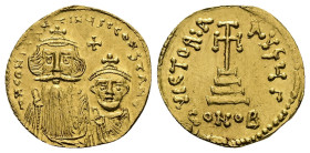 Constans II and Constantine IV. AD 641-668. AV, Solidus. 4.38 g. 20.66 mm. Constantinople.
Obv: δ N CONSTATINЧS C CONSTA[…]
Frontal bust of Constans...