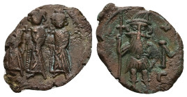 Constans II, Constantine IV, Heraclius, and Tiberius, AD 641-668. AE, Follis. 3.26 g. 24.03 mm. Constantinople.
Obv: Constans standing facing in plume...