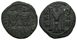 Leo III 'the Isaurian' and Constantine V, AD 717-741. AE, Follis. 5.07 g. 23.63 mm. Constantinople.
Obv: LEOҺ- SC-OҺ[SƮ]. The busts of Leo, with short...
